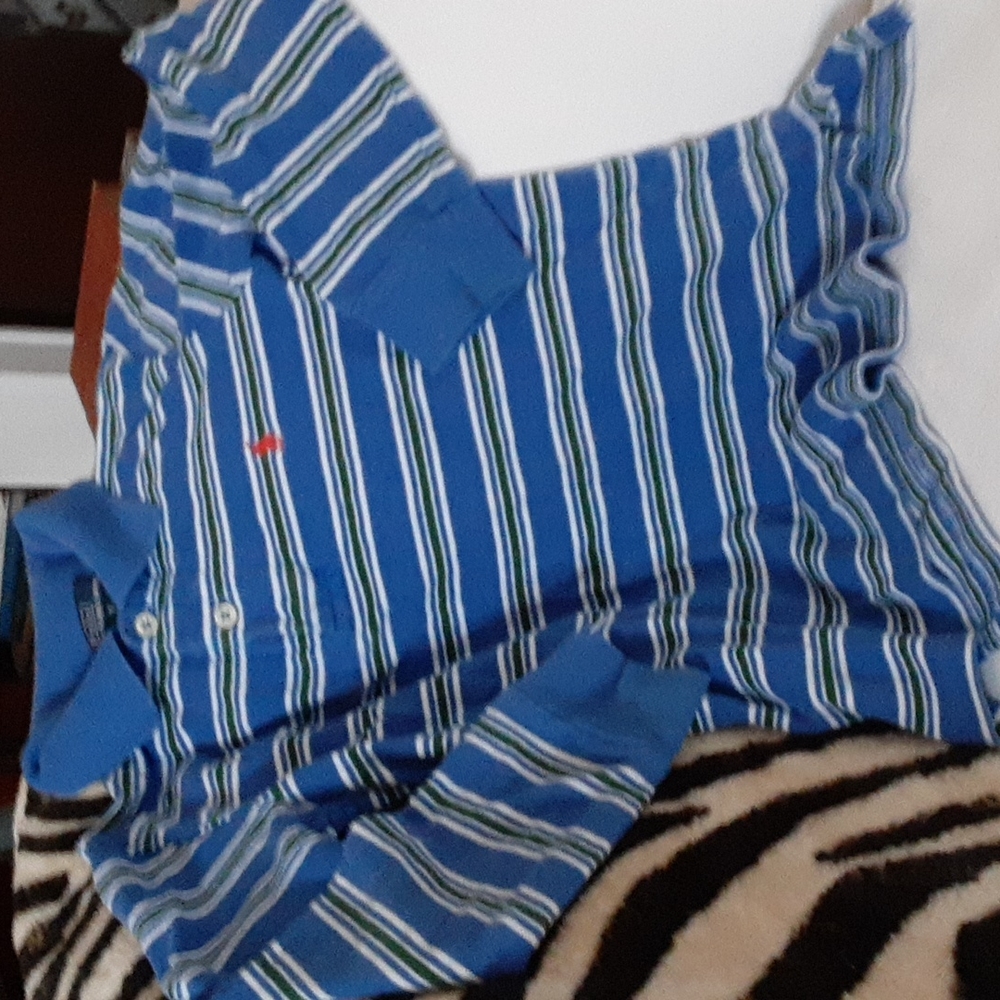 Boy's long-sleeved Polo shirt. Size 7, royal blue with green stripes.
